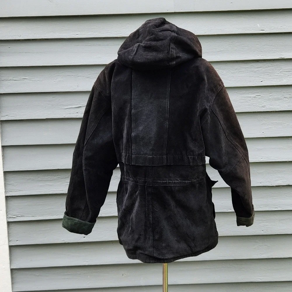 Adventure Bound Wilsons Leather Field Jacket Black Suede Plaid Hooded Mens S